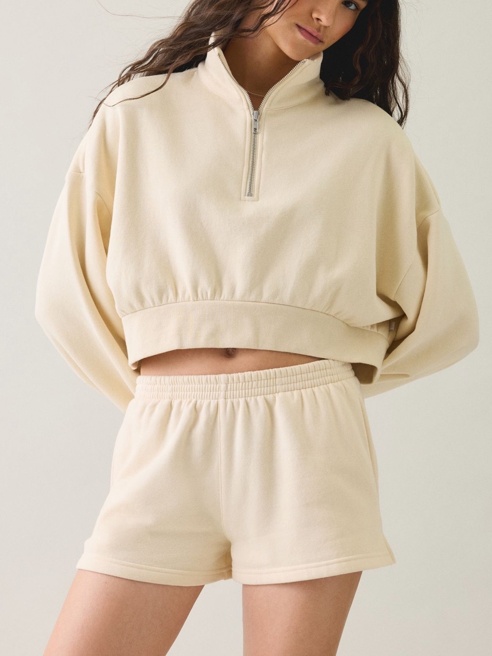 Urban Outfitters Cream Cropped Half-Zip Pullover